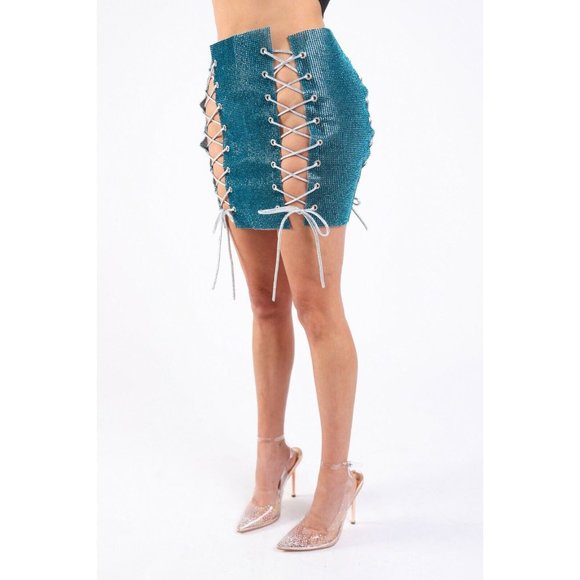 Sexy Full Rhinestones 4 Sides White Lace Up Stretch Party Rave Club Mini Skirt - Picture 6 of 8